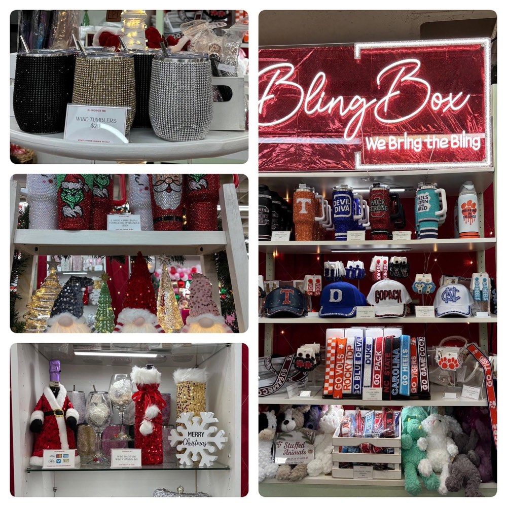 Bling Box storefront display with rhinestone tumblers, collegiate gear, and Christmas gifts